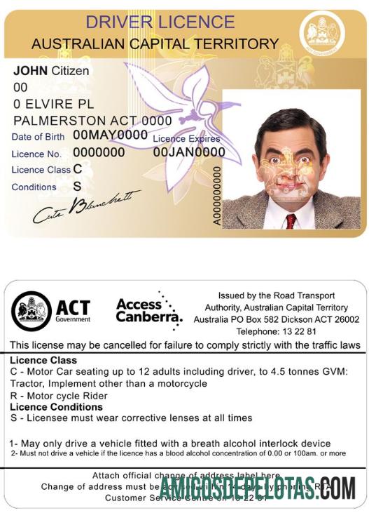 Carteira de motorista do estado da capital da Austrália exemplo real